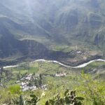 Borgo panoramico con sentieri ripidi, visitatori in cammino con borracce d'acqua.