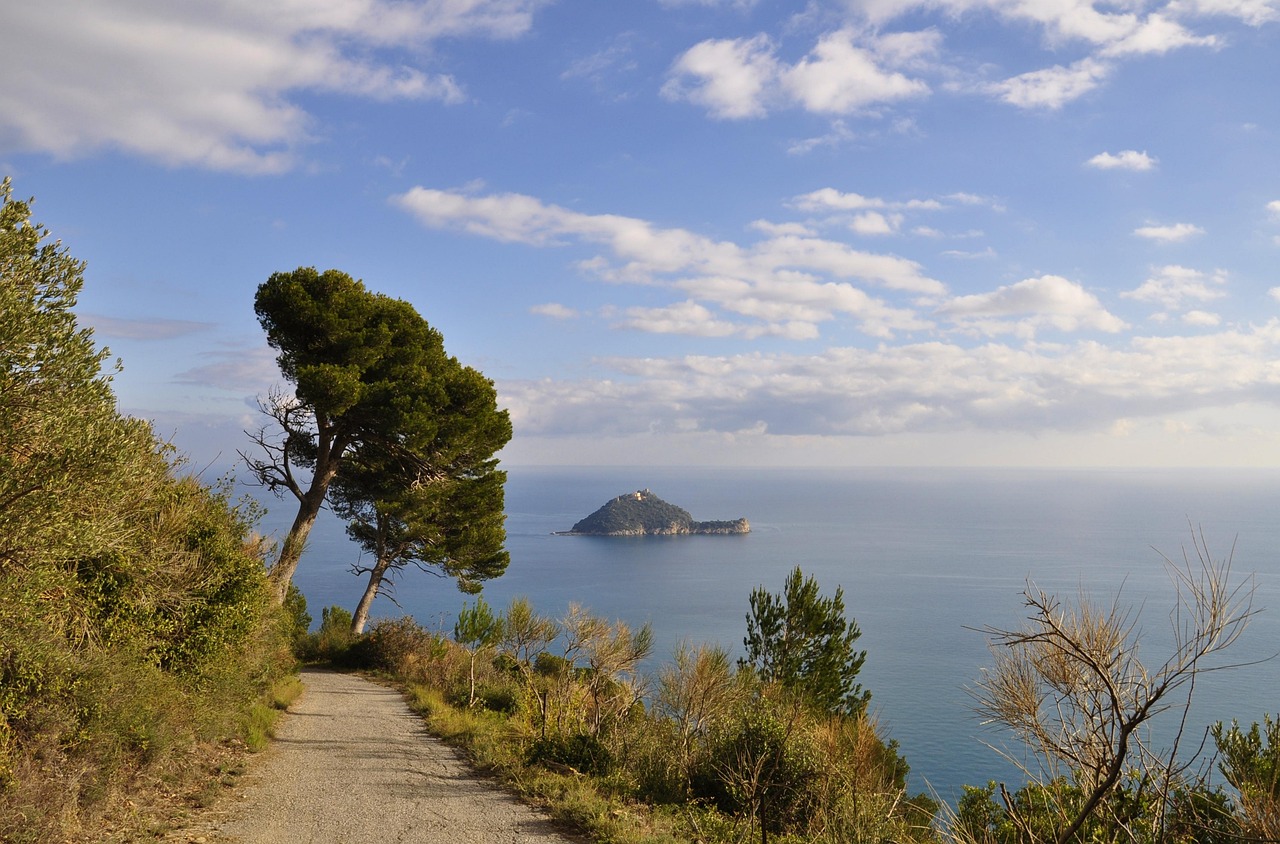 Sentiero in Liguria con vista panoramica sul mare e vegetazione lussureggiante.
