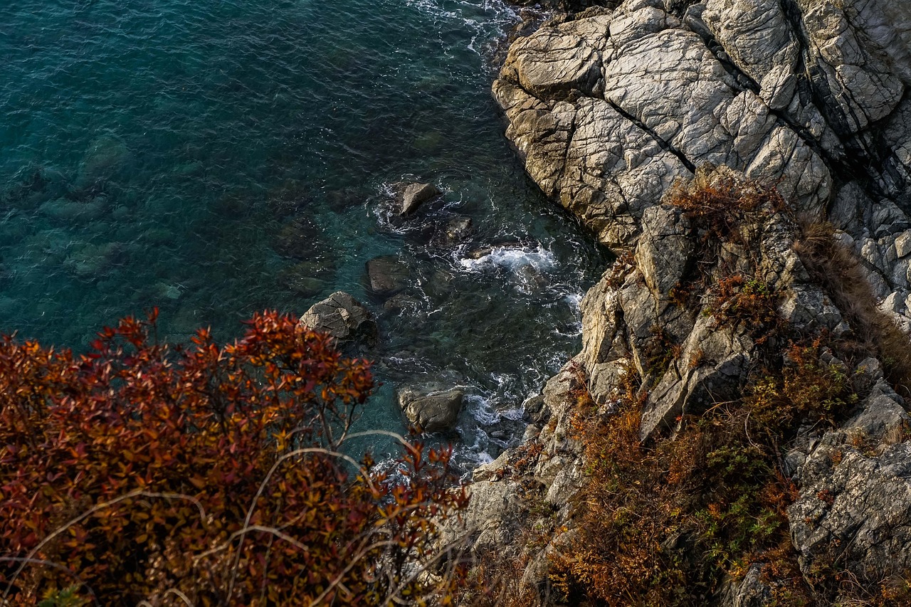 Mare blu intenso in una caletta nascosta della Liguria, circondata da scogli e vegetazione.