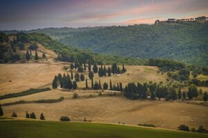 Panorama del parco naturale in Toscana con sentieri e fauna selvatica.